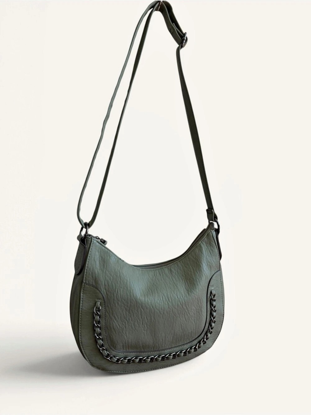 Jessica Simpson Olive Green Faux Leather Crossbody Hobo Bag Dark Chain Detail